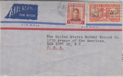 Neuseeland - 1 Sh. King Gorge VI. u.a. Luftpostbrief n. USA Auckland 1947