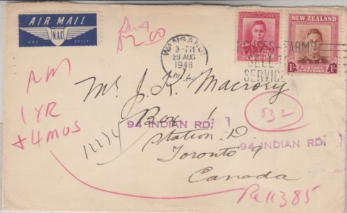 Neuseeland - 1Sh.+6 P. George VI. Luftpostbrief n. KANADA Wanganui Toronto 1948
