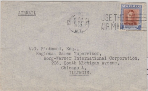 Neuseeland - 1'3 Sh. George VI. Luftpostbrief n. USA Christchurch - Chicago 1950