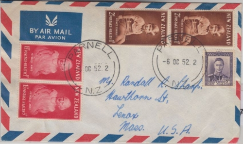 Neuseeland - 2+1 1/2 P Health stamps u.a. Luftpostbrief n USA Parnell Lenox 1952