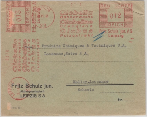Deutsches Reich - 12+13 Pfg. AFS "Globella" Brief i.d. SCHWEIZ Leipzig 1933 n.