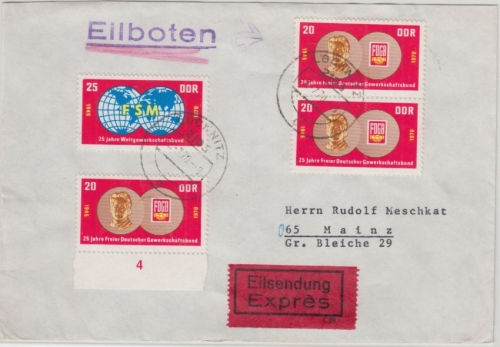 DDR - 3x20+25 Pfg. 25 Jahre FDGB Eilbrief Löcknitz - Mainz 1970