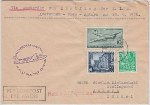 Niederlande - KLM Erstflug Amsterdam Ankara Zuleitungspost DDR Dresden 1956