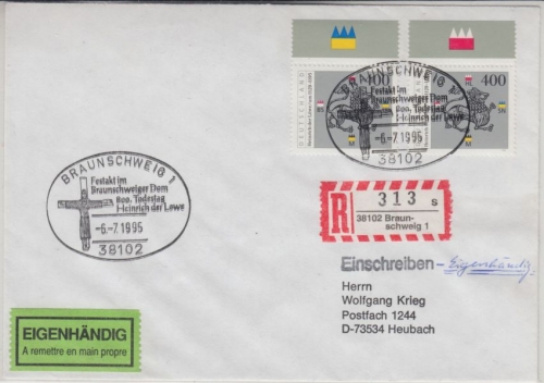 BRD - 2x400 Pfg. Heinrich d. Löwe Einschreibebrief Eigenhändig FDC ESST 1995