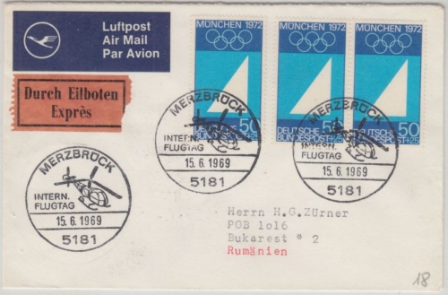 BRD - 3x50 Pfg. Olympiade München I Luftpost Eilbrief n. RUMÄNIEN SST Merzbrück