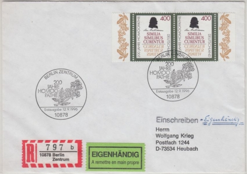 BRD - 2x400 Pfg. 200 J. Homöopathie Einschreiben Eigenhändig ESST Berlin 1996