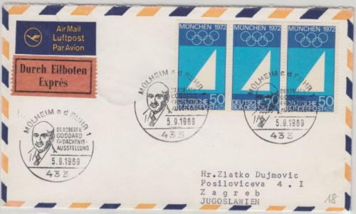 BRD - 3x50 Pfg. Olympiade München I Luftpost Eilbrief n. YUGOSLAWIEN SST Mülheim
