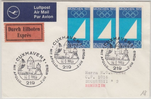 BRD - 3x50 Pfg. Olympiade München I Luftpost Eilbrief n. RUMÄNIEN SST Cuxhaven