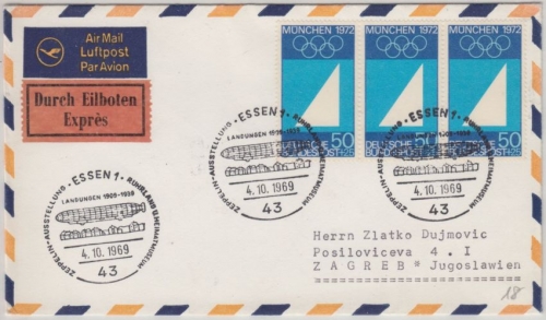 BRD - 3x50 Pfg. Olympiade München I Luftpost Eilbrief n. YUGOSLAWIEN SST Essen