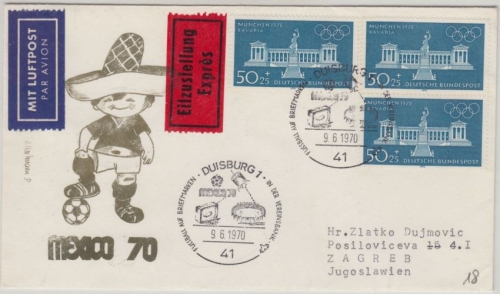 BRD - 3x50 Pfg. Olympiade München II Lupo-Eilbrief n. YUGOSLAWIEN SST Duisburg