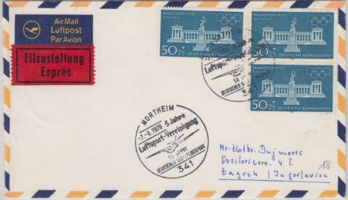 BRD - 3x50 Pfg. Olympiade München II Lupo-Eilbrief n. YUGOSLAWIEN SST Northeim