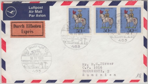 BRD - 3x50 Pfg. Wofa Zinnfiguren Luftpost Eilbrief n. RUMÄNIEN SST Bochum 1969