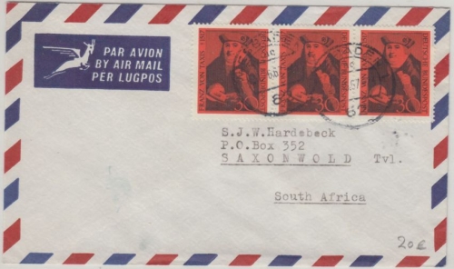 BRD - 3x30 Pfg. Franz v. Taxis Luftpostbrief n. SÜDAFRIKA Wiesbaden 1967 n.