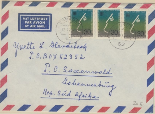 BRD - 3x30 Pfg. Dt. Evang. Kirchentag Luftpostbrief n. SÜDAFRIKA Wiesbaden 1973