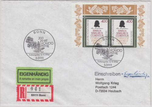 BRD - 2x400 Pfg. 200 J. Homöopathie Einschreiben Eigenhändig ESST Bonn 1996