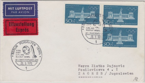 BRD - 3x50 Pfg. Olympiade München II Lupo-Eilbrief n. YUGOSLAWIEN SST Berlin