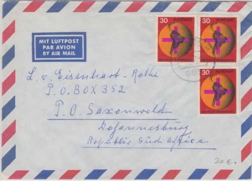 BRD - 3x30 Pfg. Adveniat Luftpostbrief n. SÜDAFRIKA Eberbach Saxonwold 1967