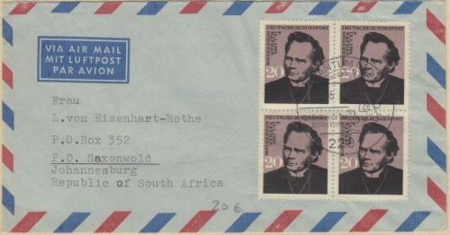 BRD - 4x20 Pfg. Söderblom Luftpostbrief n. SÜDAFRIKA Rantum Sylt Saxonwold 1966