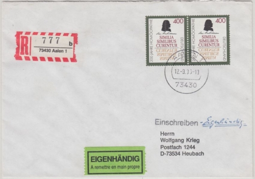 BRD - 2x400 Pfg. 200 J. Homöopathie Einschreiben Eigenhändig EST Aalen 1996