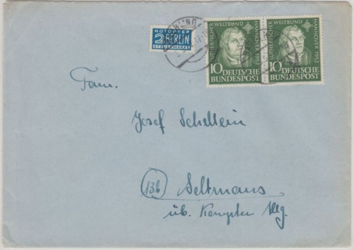BRD - 2x10 Pfg. Luther Brief Raubling - Seltmans 1952