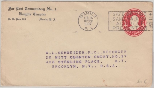 Philippine Island USA - 4 C. Ganzsache Brief Manila - Brooklyn 1937 Zudruck !!