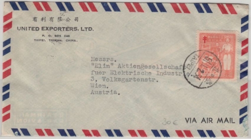 Taiwan - 5 $ Tuberkulose Luftpostbrief n. ÖSTERREICH Taipei - Wine 1954