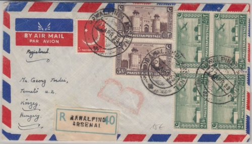 Pakistan - 4x2 1/2+2x3 A. Unabhängigkeit u.a. Luftpost Einschreibebrief 1959