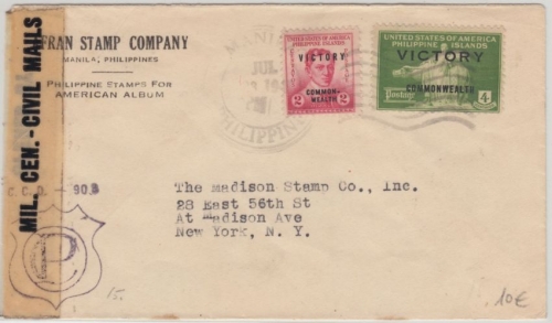 Philippine Island USA - 4+2 C. Commonwealth/Victory Zensurbrief Manila 1945 n.