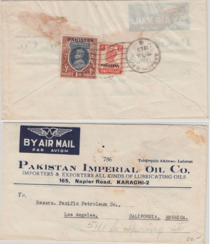 Pakistan - 1R.+2A. Georg VI. Überduck Luftpostbrief n. USA Karachi 1949 n.