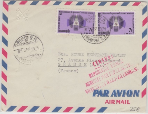 Kambodscha/Khmer - 2x7 R. Weltfernmeldetag Luftpostbrief n. FRANKREICH 1971