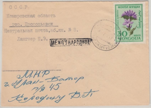 Mongolei - 30 M. Blumen Brief i.d. UdSSR n. Prokopjewsk 1960