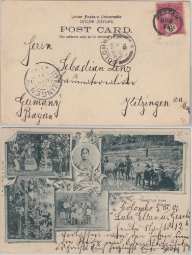 Ceylon - 6 C. Victoria Greetings from Ceylon sw-AK Pettah - Kitzingen 1901