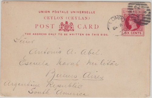 Ceylon - 6 C. Victoria Ganzsache n. ARGENTINIEN Colombo - Buenos Aires 1899