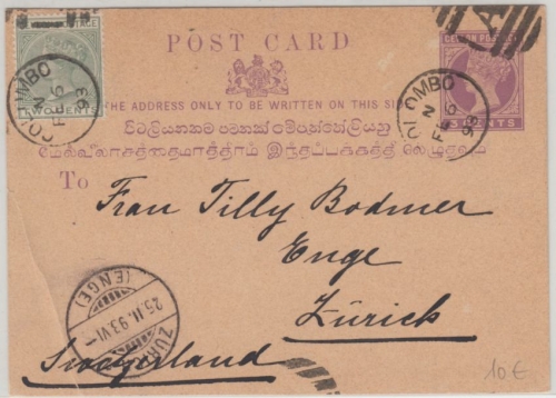 Ceylon - 3 Cent Victoria Ganzsache + Zusatz i.d. SCHWEIZ Colombo Zürich 1893