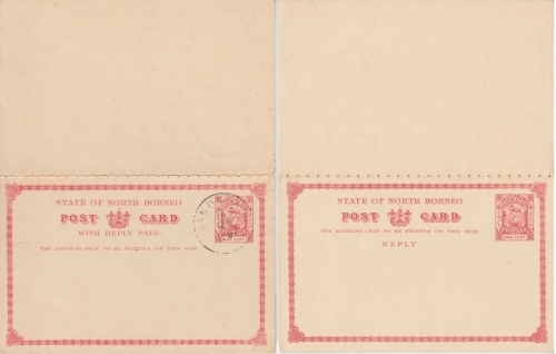 North Borneo - 1+1 C. Ganzsache Doppelkarte F-Teil gestpl. Sandakan Borneo 1897