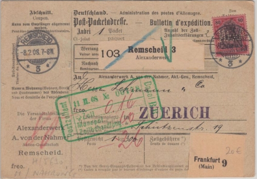 DR - 80 Pfg. Germania Perfin AvdN Paketkarte i.d. SCHWEIZ Remscheid Zürich 1908