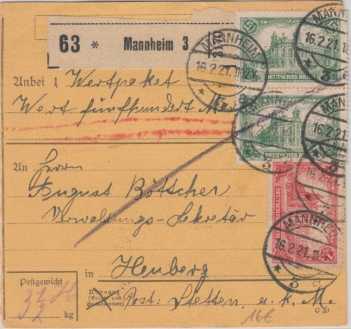 DR - 2x1,25+1 M. Reichspostamt Wertpaketkarte Mannheim - Heuberg 1921