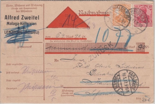 DR - 7 1/2+10 Pfg. Germania Nachnahmekarte Waldshut Karlsruhe 1917 Retoruvermerk