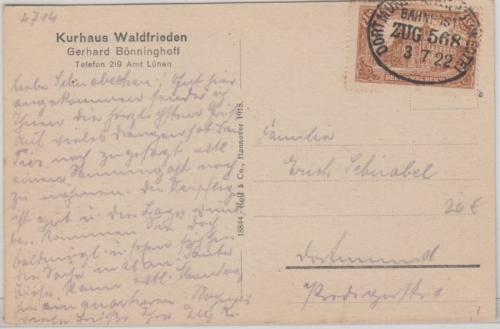 DR - 1,50 M. Reichspostamt b-Farbe Karte Cappenberg - Dortmund Bahnpost 1922