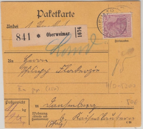 DR - 60 Pfg Germania Kriegsdruck a-Farbe Paketkarte Oberweimar Dansenberg 1917