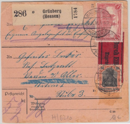 DR - 1 M. Reichspostamt u.a. Eilboten Paketkarte Grünberg - Verden 1918