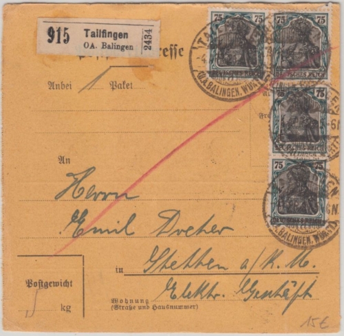 DR - 4x75 Pfg. Germania Mehrfachfrankatur Paketkarte Tailfingen - Stetten 1921