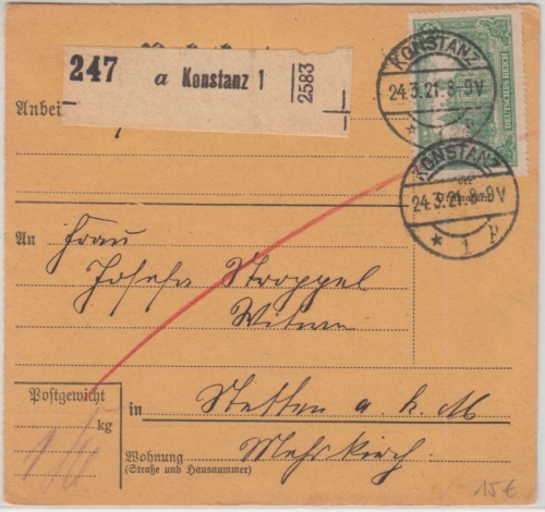 DR - 1,25 M. Reichspostamt Einzelfrankatur Paketkarte Konstanz - Stetten 1921