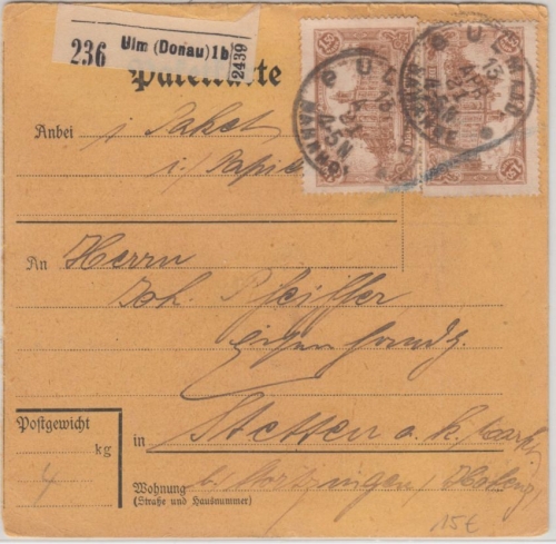 DR - 2x1,50 M. Reichspostamt Mehrfachfrankatur Paketkarte Ulm - Stetten 1921