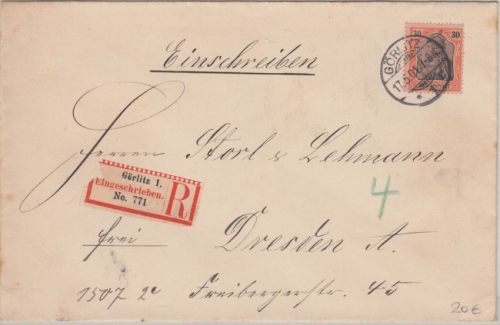 DR - 30 Pfg. Germania Reichspost Einschreibebrief Görlitz - Dresden 1901