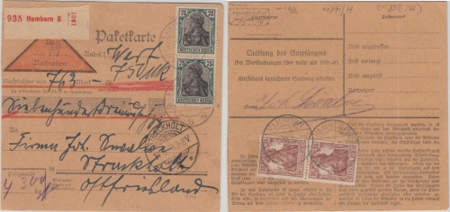 DR - 2x35 Pfg Germania c-Farbe !! Nachnahme Wertpaketkarte Hamborn 1920 n.