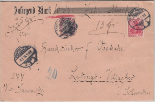 DR - 50+10 Pfg Germania Wertbrief n. SCHWEDEN Braunschweig Villastad 1916