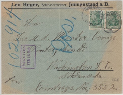 DR - 2x5 Pfg. Germania Brief n. USA Sondertarif ! KOS Immenstaad Washington 1910