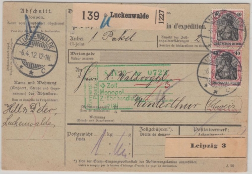 DR - 2x40 Pfg. Germania Paketkarte i.d. SCHWEIZ Luckenwalde - Winterthur 1912
