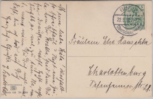 DR - 5 Pfg. Germania Perfin ADMOS Karte Berlin-Oberschöneweide 1912 n.